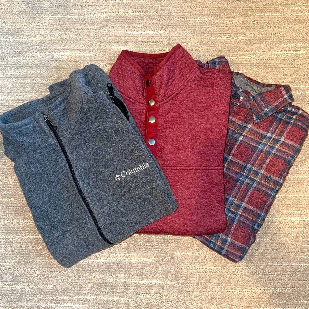 3 Men’s Shirts. All Size M. (1) Vest, (1) Pullover, (1) Button Up